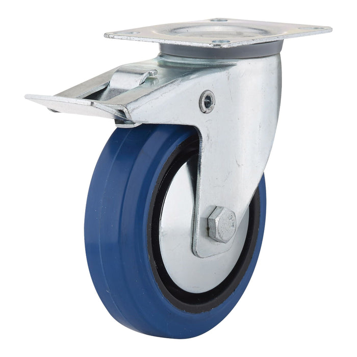 Caster wheel with blue rubber tire and metal mounting bracket on a white background