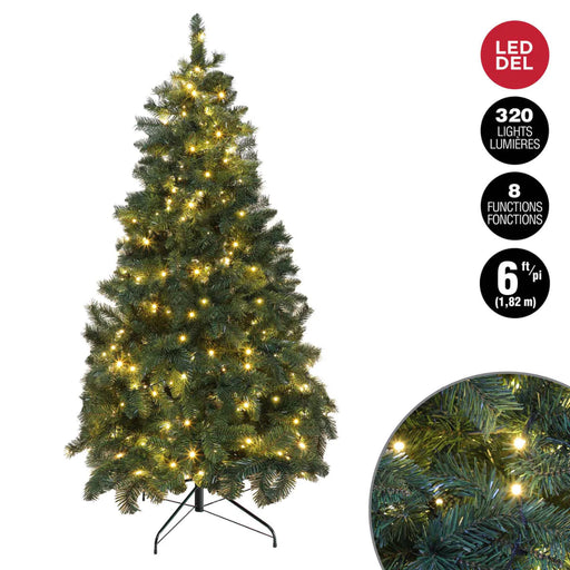 Decorated Christmas tree with LED lights on a white background