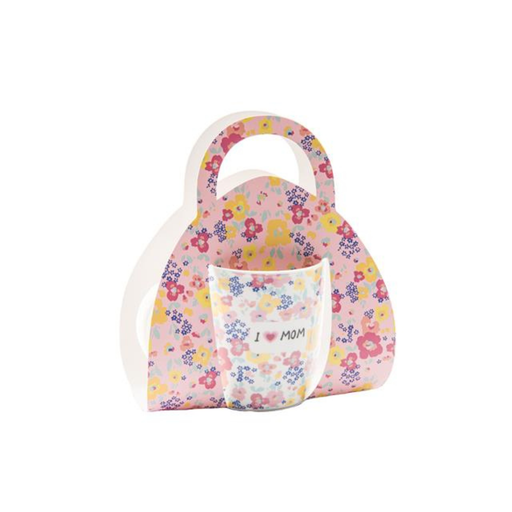 Floral-patterned coffee mugh with 'I love mom' text on a white background