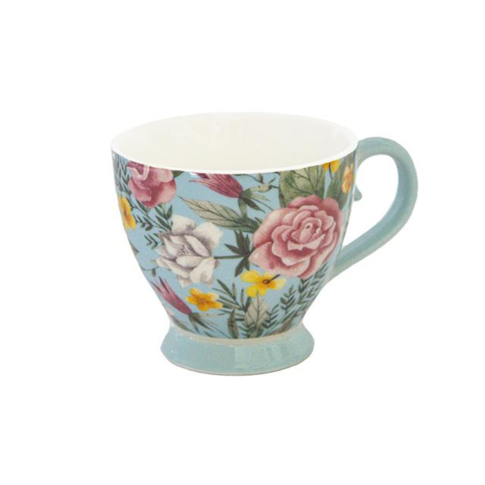 Floral mug with a light blue background on a white background