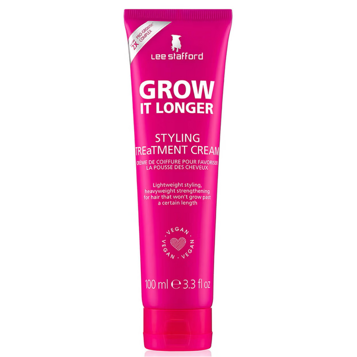 Pink tube of Lee Stafford Grow It Longer Styling Treatment Cream on a white background