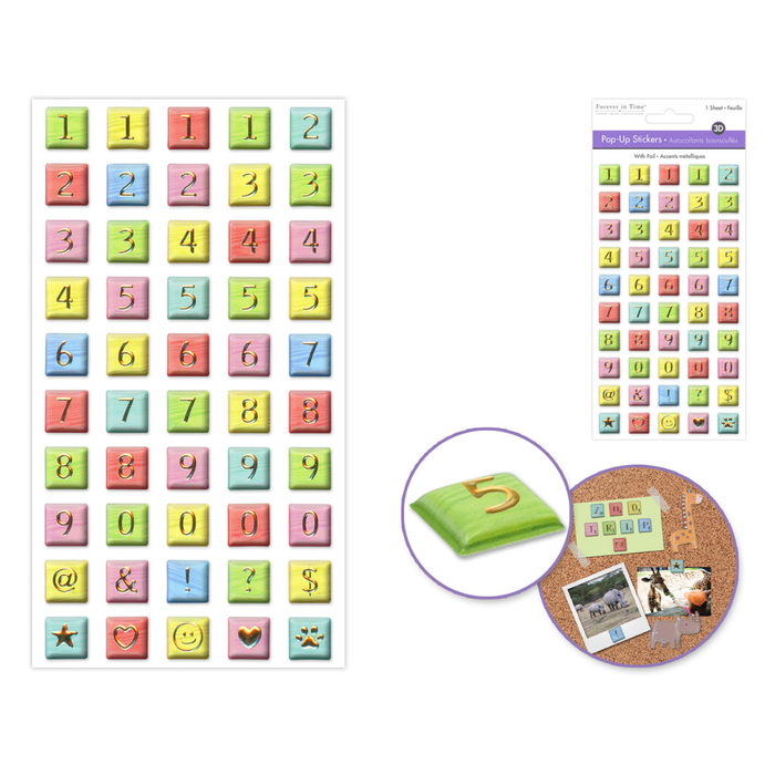 Colorful number and symbol stickers on a white background with a close-up of a green sticker on a cork board.