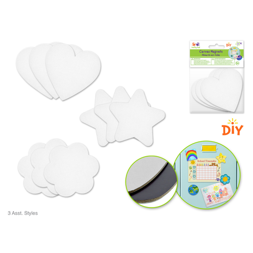Set of white magnetic shapes with packaging and a sample magnet board on a white background