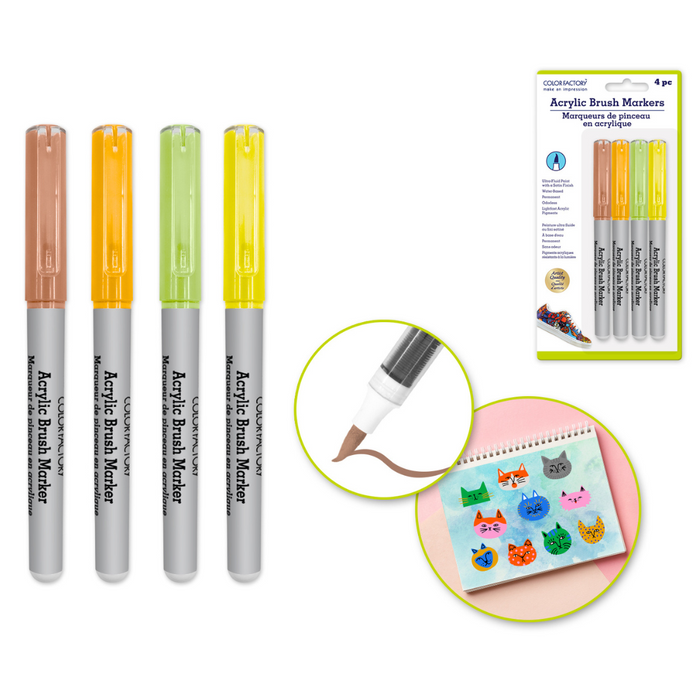 Four acrylic brush markers in neutral tones (brown, orange, green, yellow) shown uncapped, with close-up of the brush tip and an example of drawn brown line. Packaging for the 4-pack set and a notebook page with colorful cat doodles also displayed.