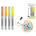 Four acrylic brush markers in neutral tones (brown, orange, green, yellow) shown uncapped, with close-up of the brush tip and an example of drawn brown line. Packaging for the 4-pack set and a notebook page with colorful cat doodles also displayed.