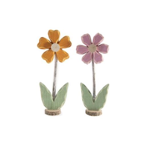 Two decorative flowers, one yellow and one pink, on a white background.