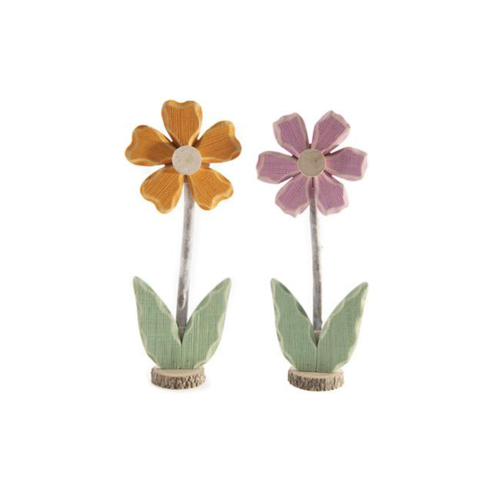 Two decorative flowers, one yellow and one pink, on a white background.