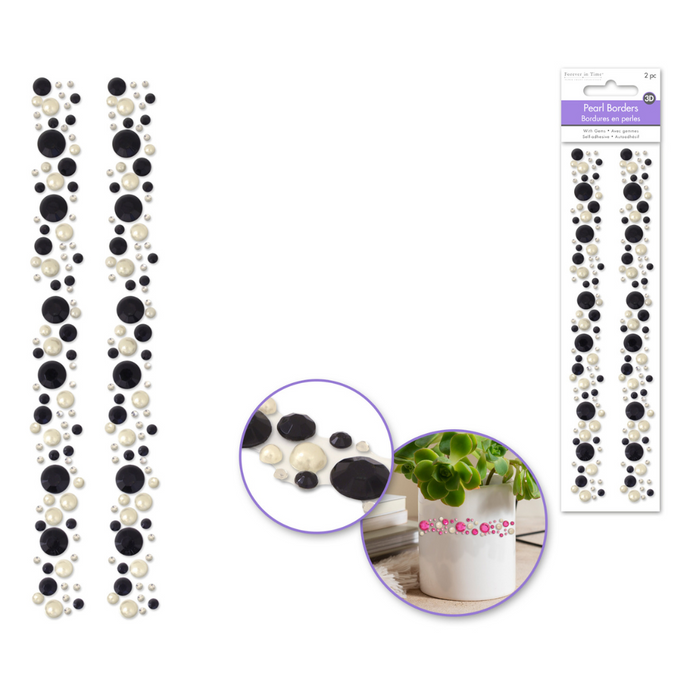 Decorative dot border stickers with black, white, and pearl-like dots on a white background.
