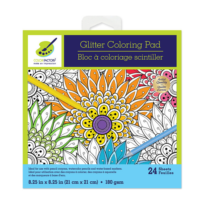 Square Glitter Coloring Pad with a mandala-style floral design partially colored in orange, yellow, green, and blue. The pad packaging shows “Glitter Coloring Pad” in English and French, includes 24 sheets, and measures 8.25" x 8.25".