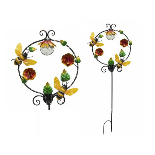Two decorative garden stakes with bees and flowers on a white background