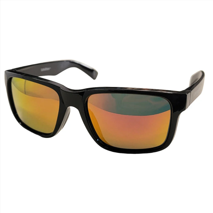 Streamside Suburban Polarized Sunglasses with black frame and mirrored Revo Red lenses, offering glare reduction and full UV protection for outdoor use.