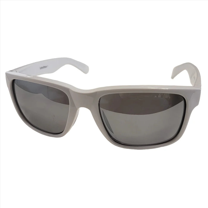 Streamside Suburban Polarized Sunglasses with glossy white frame and silver holographic mirror lenses, offering glare reduction and UV protection for outdoor use.