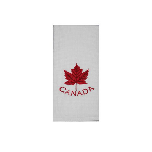 White towel with red maple leaf and 'Canada' text on a white background