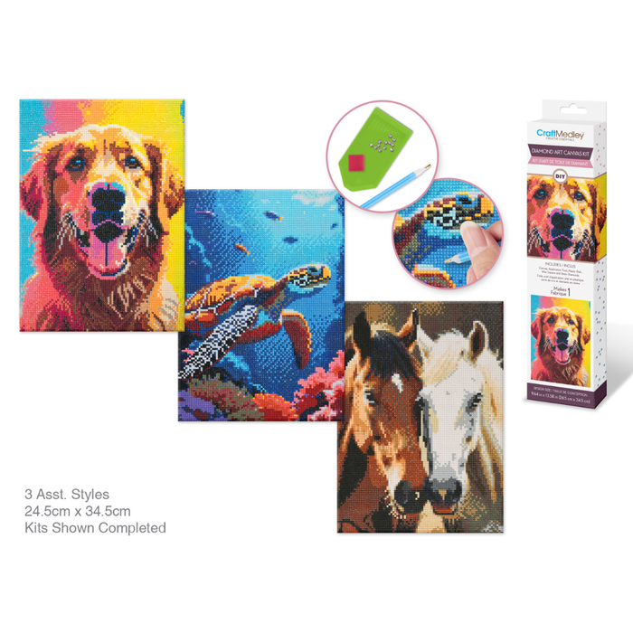 Collage of diamond art kits with a dog, underwater scene, and horses, including a completed kit and packaging.