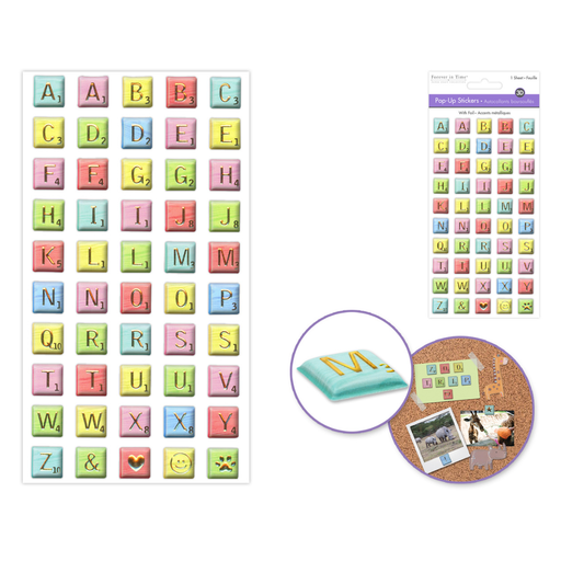Colorful alphabet and number stickers with a close-up of a letter 'M' on a cork board.