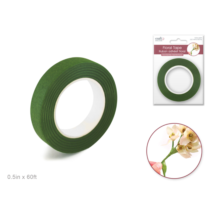 Green floral tape with packaging and a close-up of flowers on a white background