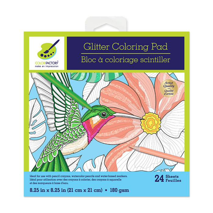 Square Glitter Coloring Pad with a hummingbird and large flower design partially colored in green, pink, peach, and yellow. The pad packaging shows “Glitter Coloring Pad” in English and French, includes 24 sheets, and measures 8.25" x 8.25".