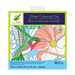 Square Glitter Coloring Pad with a hummingbird and large flower design partially colored in green, pink, peach, and yellow. The pad packaging shows “Glitter Coloring Pad” in English and French, includes 24 sheets, and measures 8.25" x 8.25".