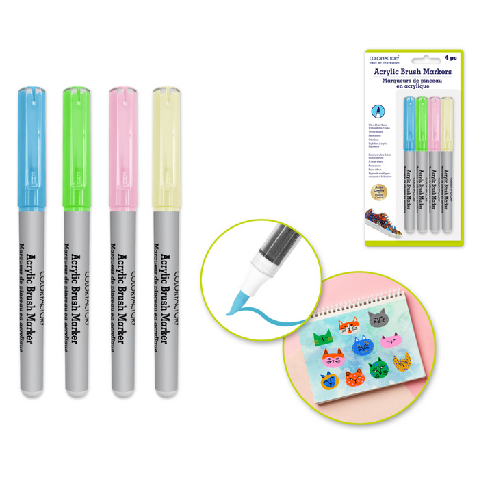 Four acrylic brush markers in pastel tones (blue, green, pink, yellow) shown uncapped, with close-up of the brush tip and an example of drawn blue line. Packaging for the 4-pack set and a notebook page with colorful cat doodles also displayed.