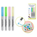 Four acrylic brush markers in pastel tones (blue, green, pink, yellow) shown uncapped, with close-up of the brush tip and an example of drawn blue line. Packaging for the 4-pack set and a notebook page with colorful cat doodles also displayed.