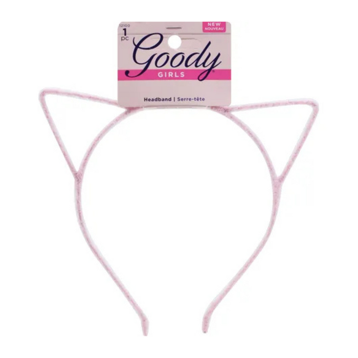 Light pink glitter Goody Girls cat ear headband with pointed ears, attached to packaging labeled “Goody Girls Headband.