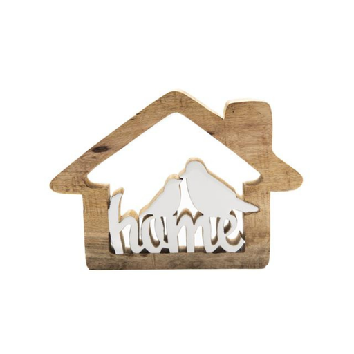 Wooden house-shaped sign with two birds on top and 'home' written below on a white background