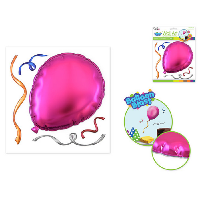 Pink balloon wall decal with silver and orange streamers. Displayed with packaging and used in a party backdrop setup.