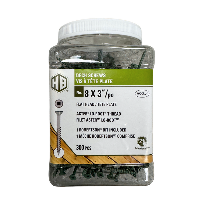 Clear plastic container of HB 8 x 3" green deck screws with a white lid and product label showing screw size, features, and quantity (300 pcs).