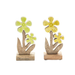 Two decorative items with yellow flowers on wooden bases against a white background