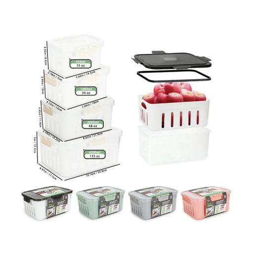 Set of plastic storage containers with lids, some filled with fruits, on a white background.