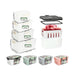 Set of plastic storage containers with lids, some filled with fruits, on a white background.