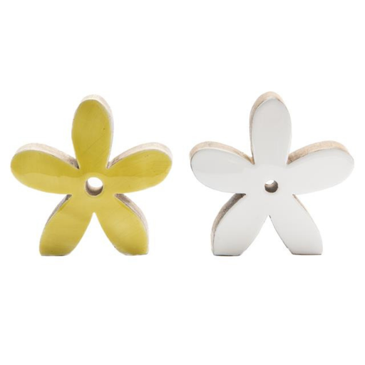 Two flower-shaped buttons, one yellow and one white, on a white background.