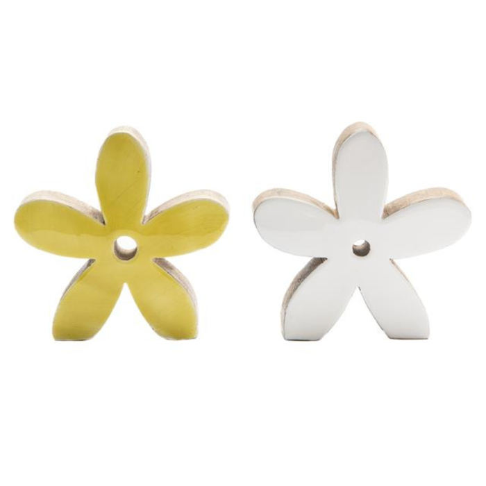 Two flower-shaped buttons, one yellow and one white, on a white background.