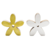 Two flower-shaped buttons, one yellow and one white, on a white background.