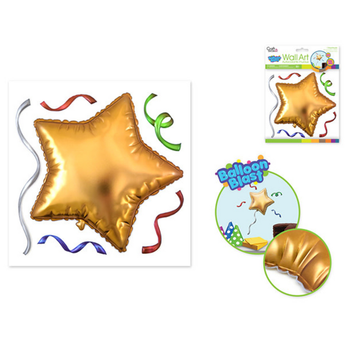 Gold star-shaped balloon wall decal with red, green, and silver streamers. Packaging and inset show product on a decorated wall.