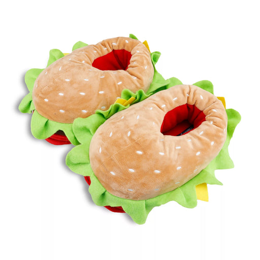 Plush slippers shaped like a hamburger on a white background