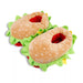 Plush slippers shaped like a hamburger on a white background