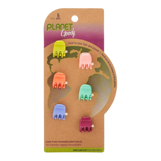 Goody Planet Kids Mini Claw Clips 6-pack in assorted bright colors, displayed on eco-friendly recyclable kraft paper packaging.