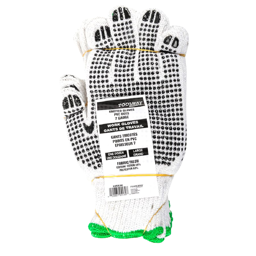 WHITE KNITTED POLY / COTTON WITH BLACK PVC DOTS GLOVES