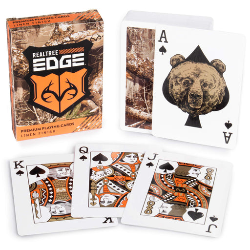 RealTree Edge premium playing cards with bear design on card and packaging.