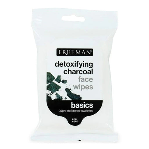 Pack of Freeman detoxifying charcoal face wipes on a white background