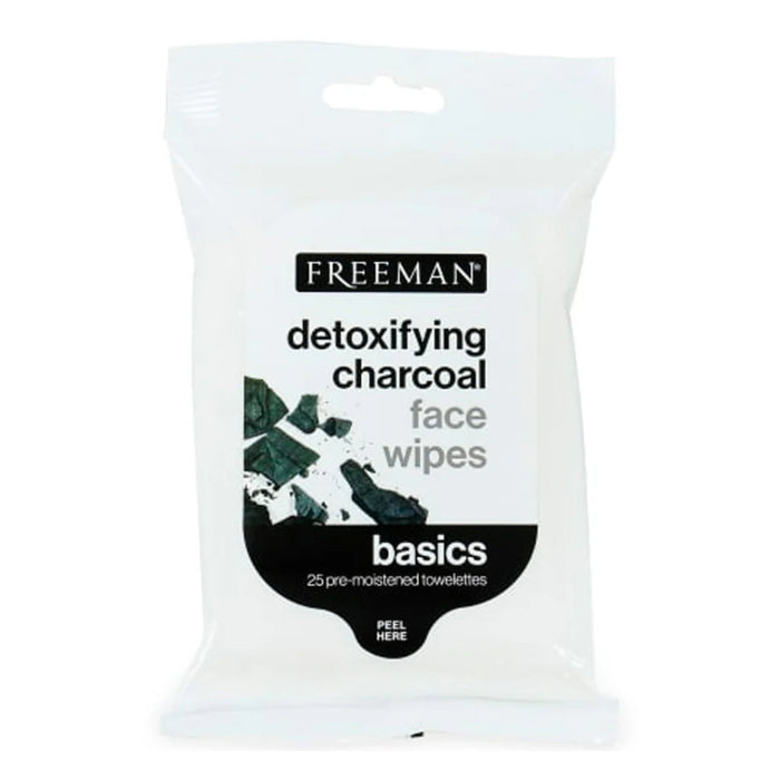 Pack of Freeman detoxifying charcoal face wipes on a white background