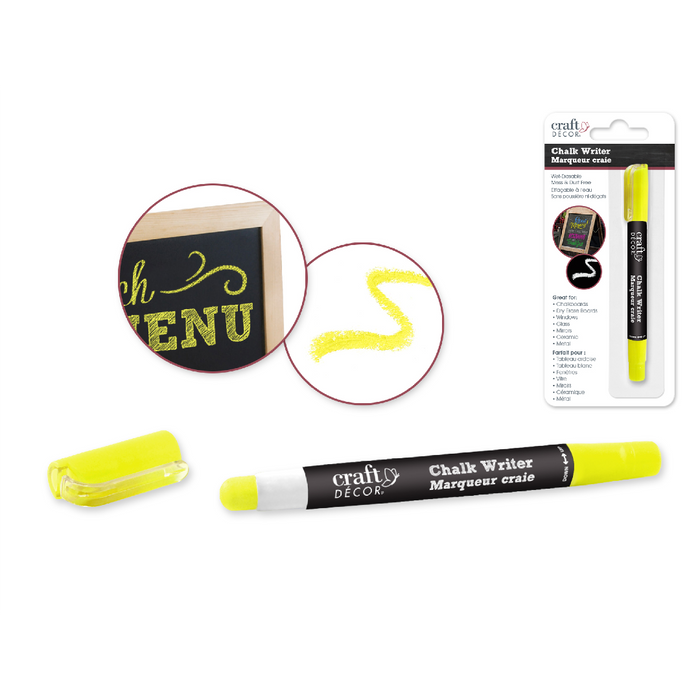 Yellow Craft Decor chalk writer displayed with cap off and in packaging; chalkboard sample features vivid yellow writing.