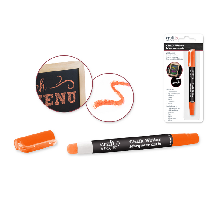 Orange Craft Decor chalk writer pen and its package, with chalkboard detail showing bold orange writing.