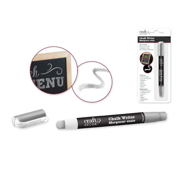 Silver Craft Decor chalk writer pen with cap and packaging; shown producing a metallic silver chalk-like stroke.
