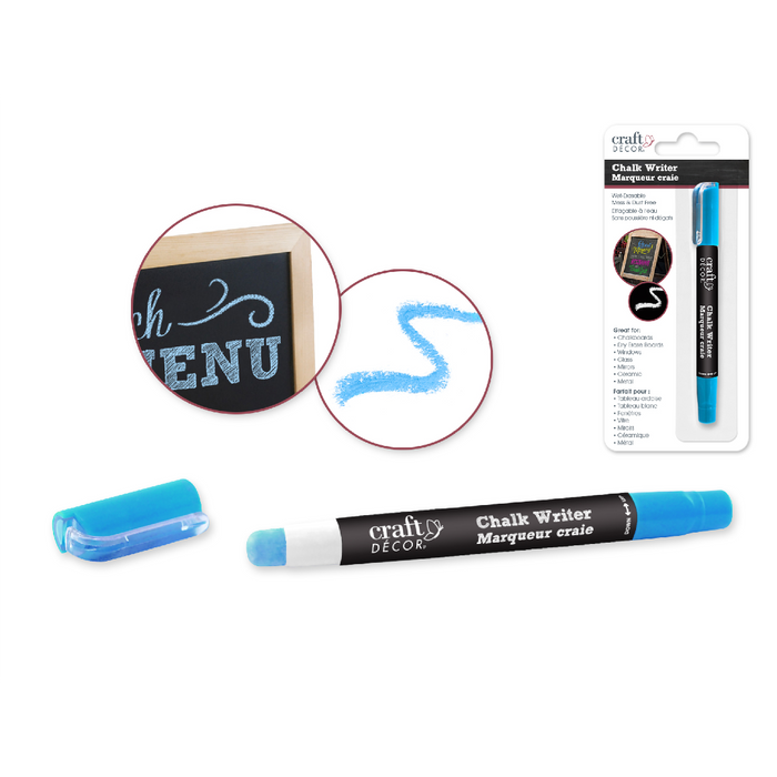 Blue Craft Decor chalk writer with cap removed and in retail pack; vibrant blue mark shown on chalkboard sample.
