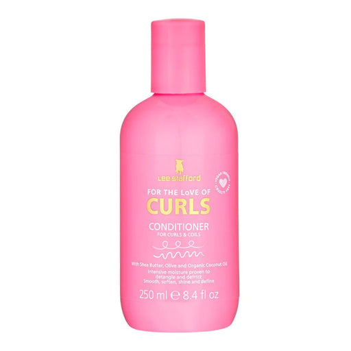Pink bottle of Lee Stafford 'For the Love of Curls' conditioner on a white background