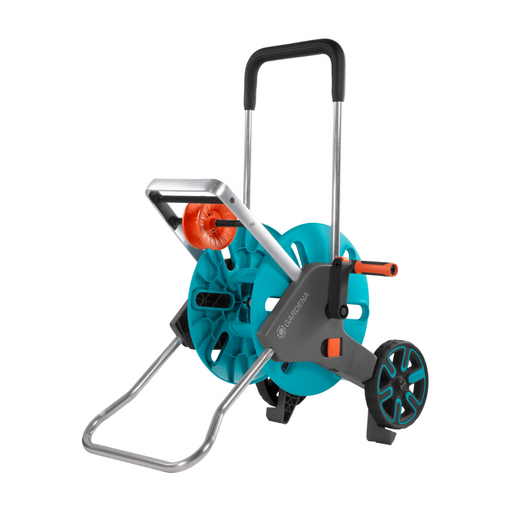 Gardena CleverRoll M Hose Trolley Set with 20m hose, ergonomic crank handle, and compact design, displayed on a white background."