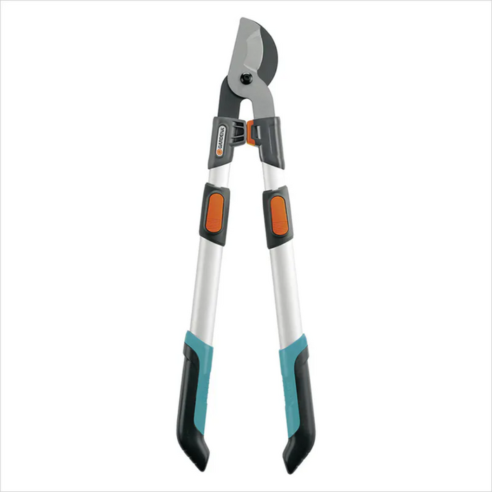 Gardena 650BT Comfort Telescopic Bypass Lopper with silver aluminum extendable handles, orange adjustment locks, and curved bypass blades, isolated on white background.