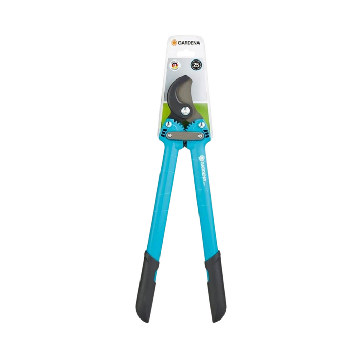 Gardena Pruner Comfort 500 AL bypass lopper with ergonomic blue handles and non-stick coated blades, displayed in retail packaging against a white background.
